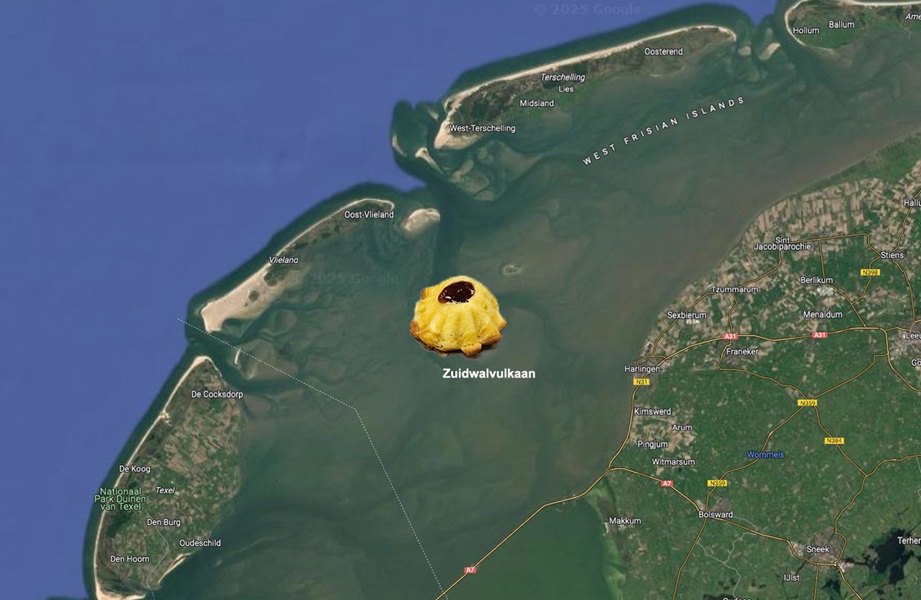 Ligging Zuidwalvulkaan onder de Waddenzee aangegeven met een Harlinger Vulkaantje